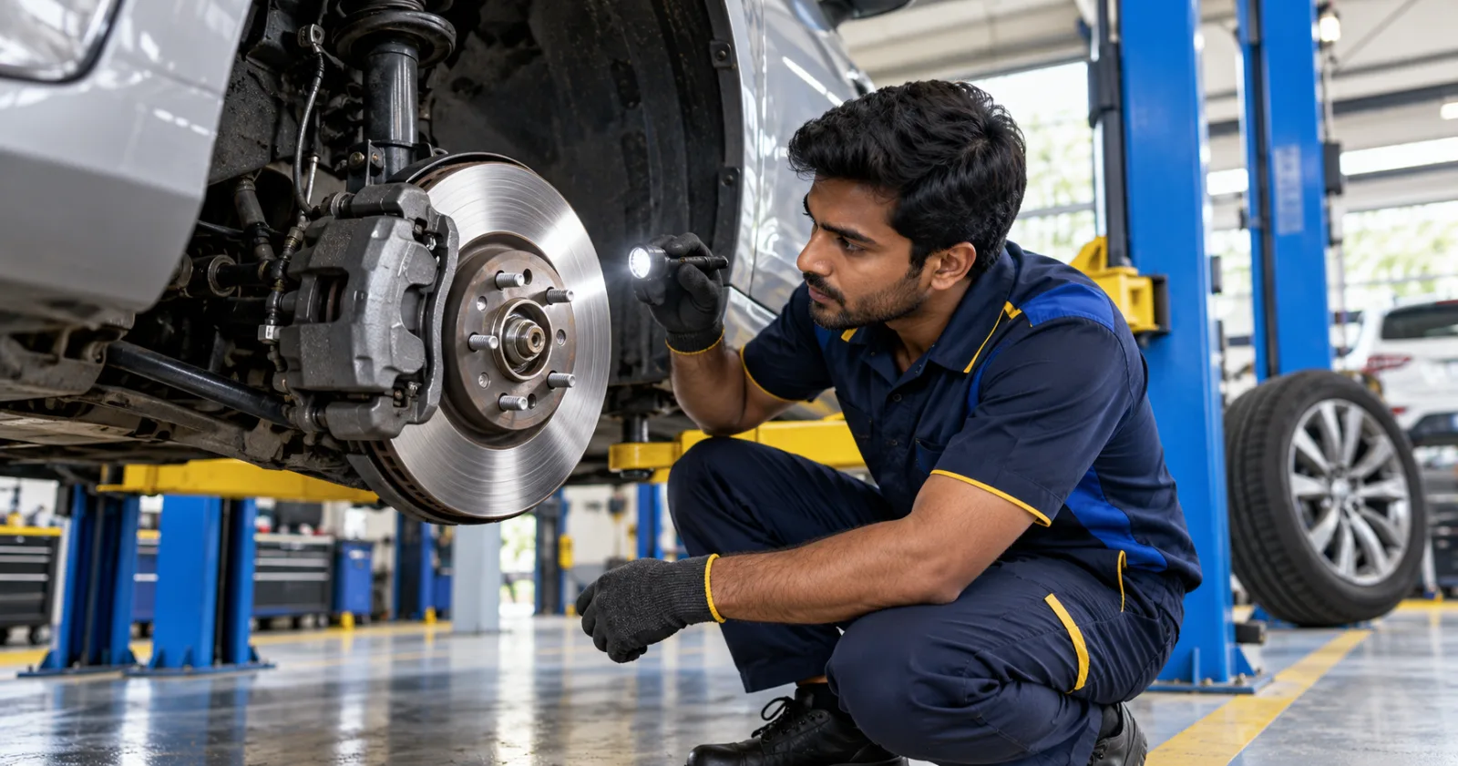 Mechanic inspecting car brake components at a garage