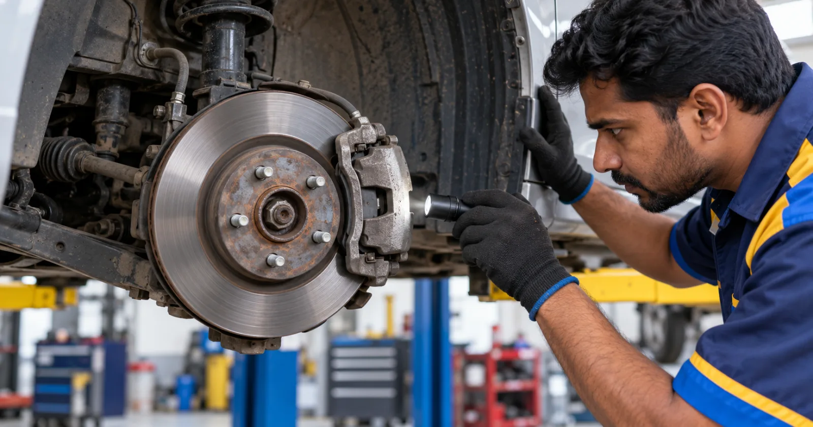 Mechanic inspecting brake components on a car