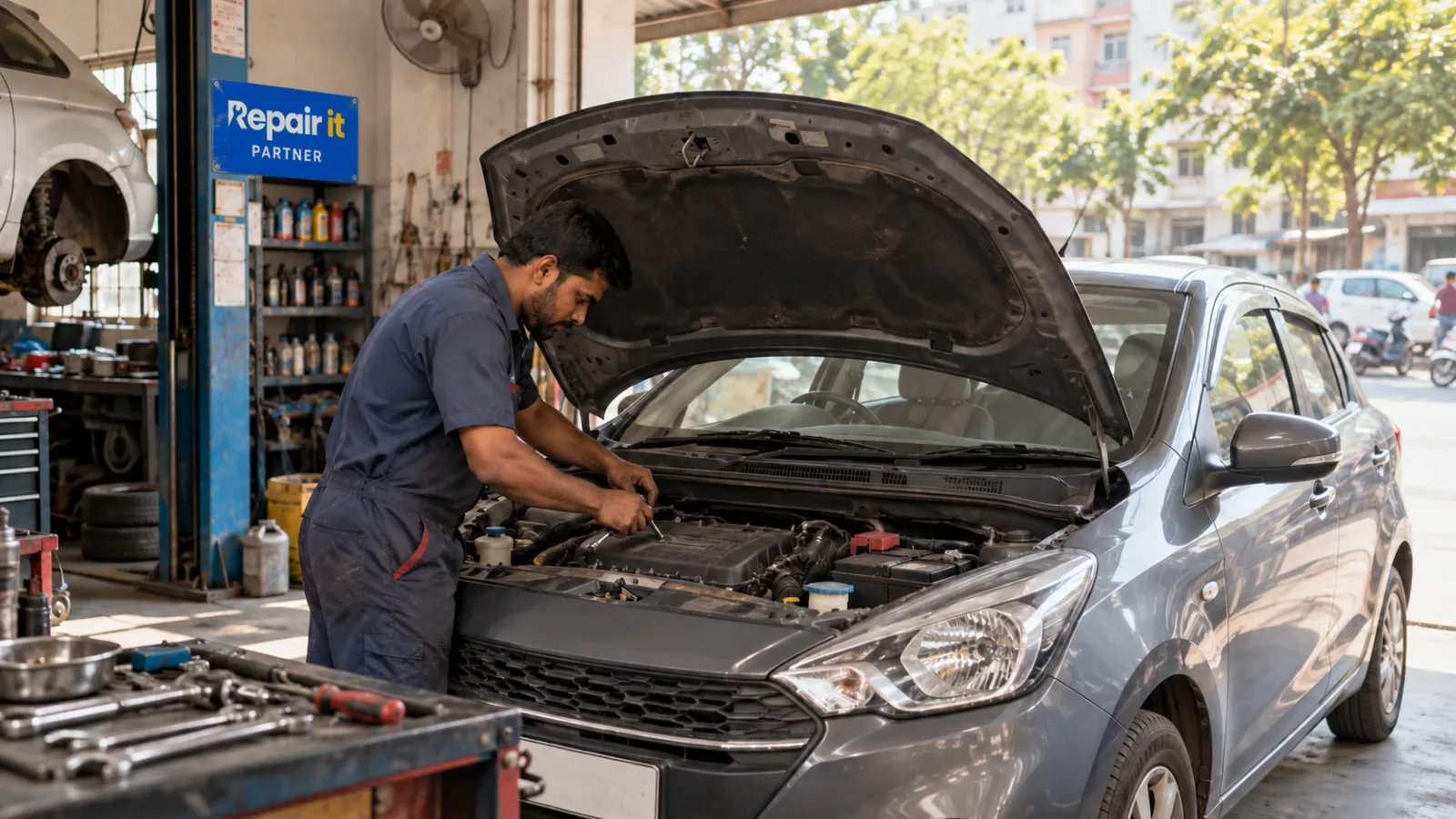 Mechanic servicing a car in Satellite, Ahmedabad