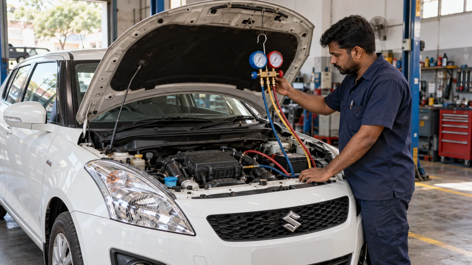 Mechanic inspecting the air conditioning system of a Maruti Swift