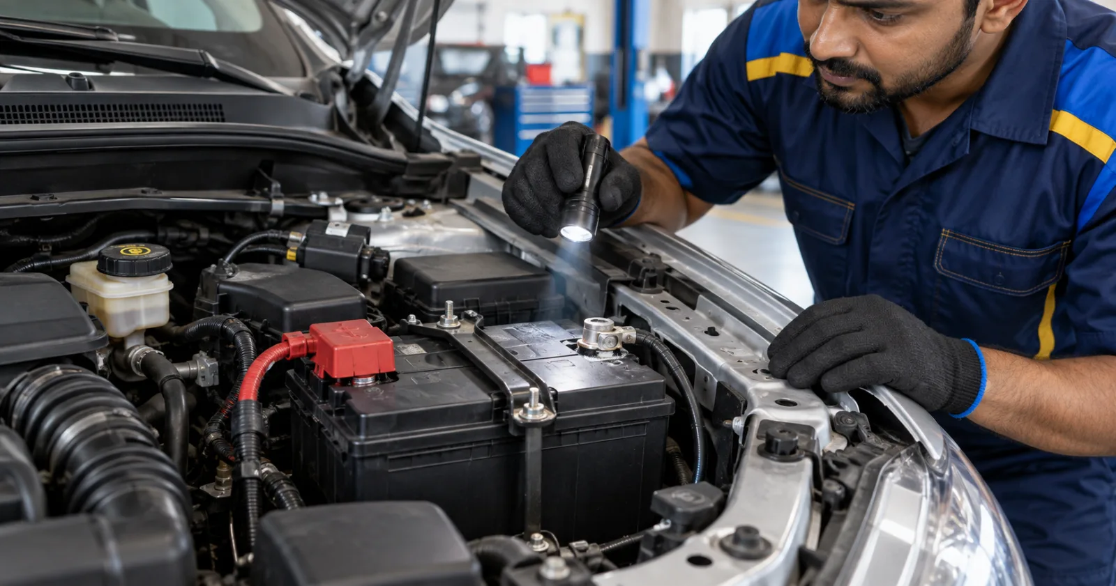 Mechanic inspecting a car battery under the bonnet