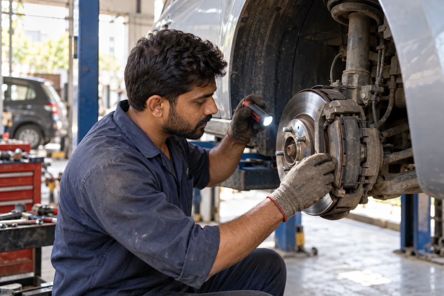 Mechanic servicing a car in Satellite, Ahmedabad
