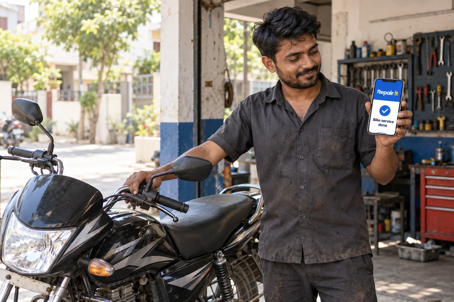 Mechanic checking a motorcycle chain and brake components.