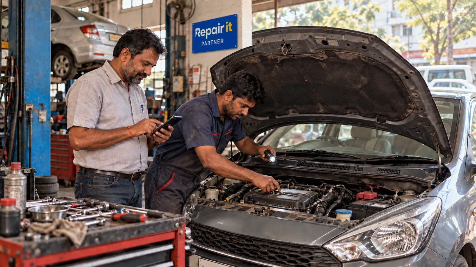 Customer browsing garage services on a mobile phone