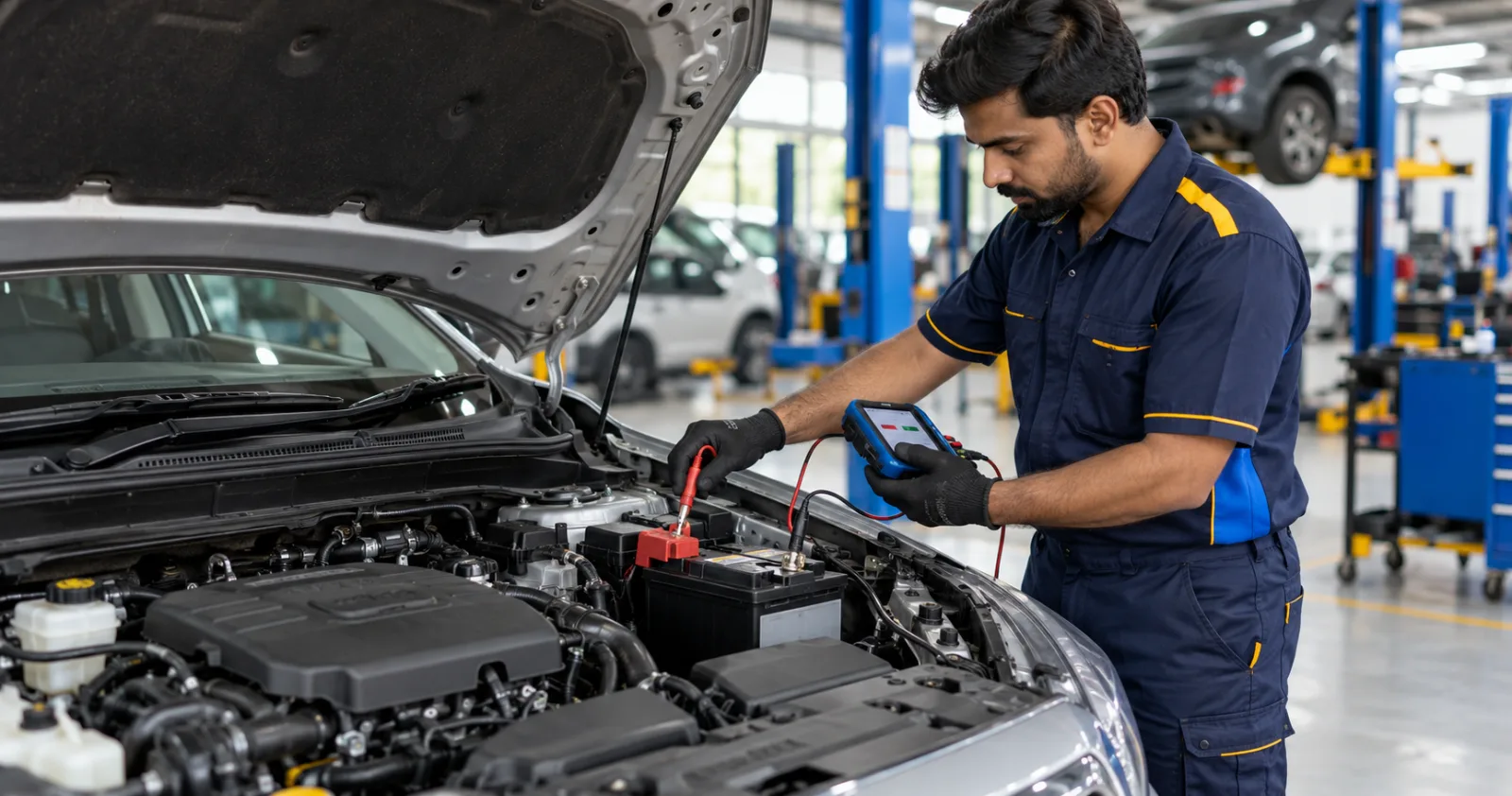 Mechanic checking a car battery at a garage